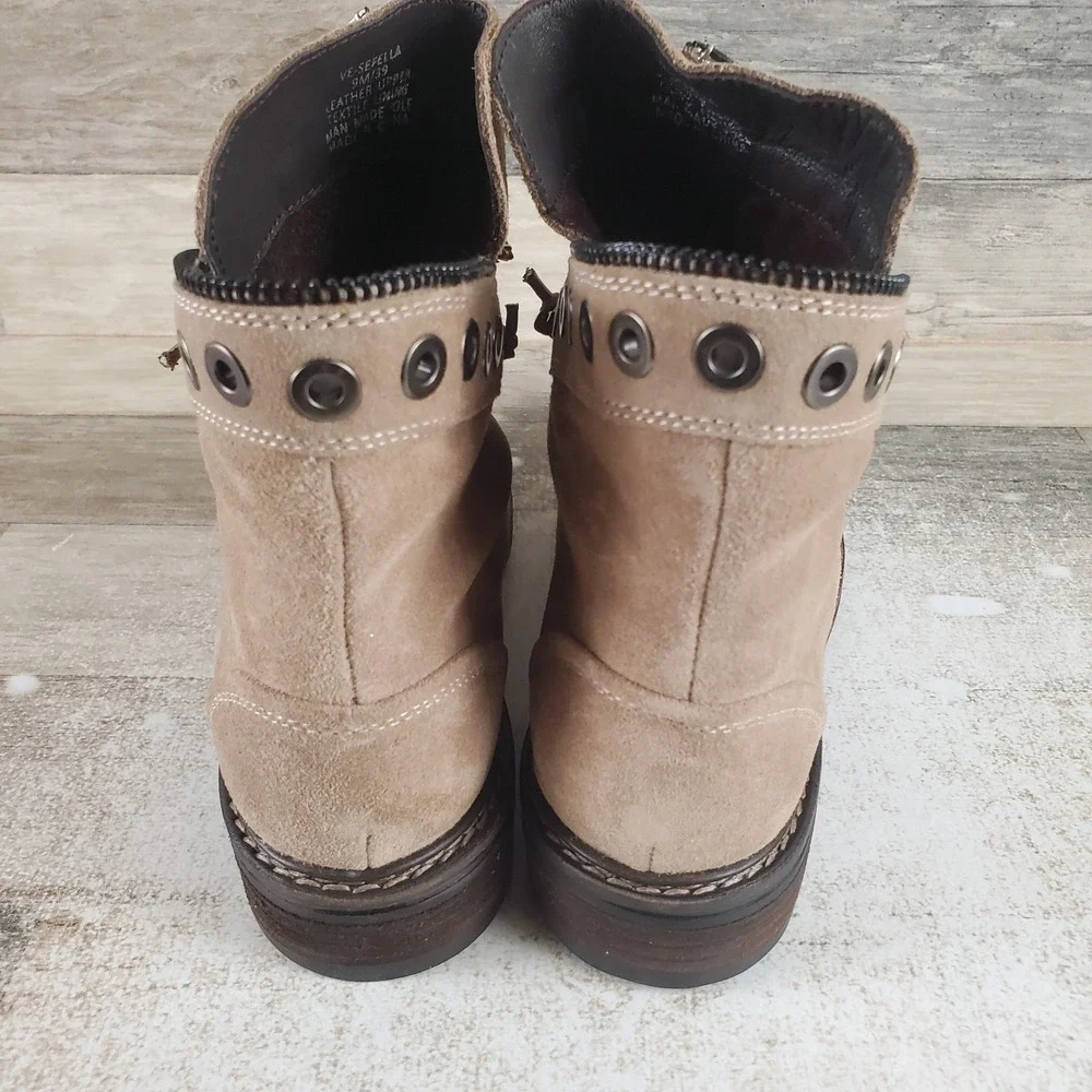 Vince Camuto Sefella Womens Booties Sz 9 M Vison Crosta Suede Lace Up Mid Top